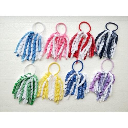 Woman 5" Gingham Curly Ribbon Tassels A-korker Ponytail Holders Streamer Corker Plaid Hair Bows Ties Bobbles Accessories 1pair