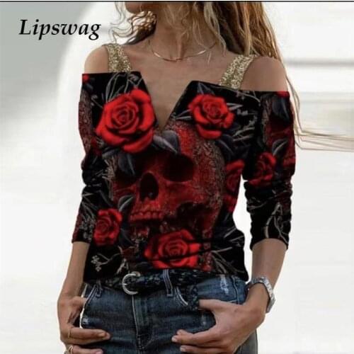 2021 Vintage Rose Print Women Sling T-Shirts Sexy Strap V Neck Long Sleeve Tops Clothing Summer Off Shoulder Slim Tee Shirt 3XL