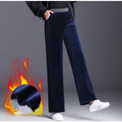 Gold velvet Women Pants Stretch High Waist elastic Long Trousers 2020 Autumn Winter thick warm Causal Solid Wide Leg Pants Femme