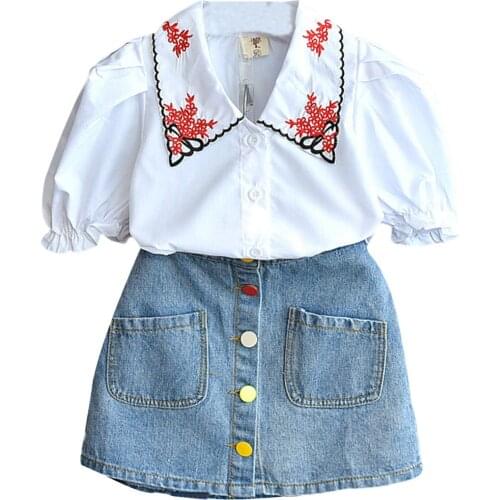 Citgeett Summer Kids Girls Two-Piece Set Ruffled Shirt Denim Button Skirt Fashion Clothes Set