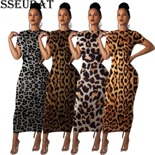 SSEURAT Summer Women Long Dress Short Sleeve Leopard Print Night Club Party Sexy Bandage Elegant Dresses Vestidos