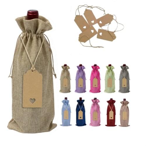 10pc 15*35cm Rustic Jute Burlap Wine Bags Drawstring Wine Bottle Covers Reusable Bottle Wrap Gift Package Wine Bags