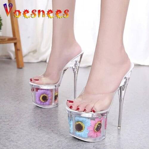 2019 Women Slippers Summer Sun Flower Sexy Crystal Slippers Thin Heels 17cm Transparent Sandals Cool Size 34-43 Wedding Shoes