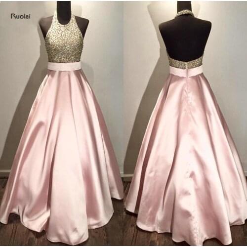Rose Pink Lace Sequined Beading Halter Custom Made Ball Gown Formal Long Evening Dresses For Wedding Party Prom