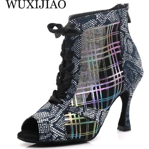 WUXIJIAO brand Latin dance high boots shoes soft sole shoes salsa ballroom ladies mesh dance shoes Cuba high heels