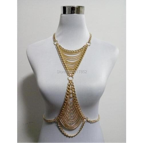 New Style Fashion Women Gold colour Chains Unique Harness Triangle Neck Body Chains Jewelry 3 Colors WRB19