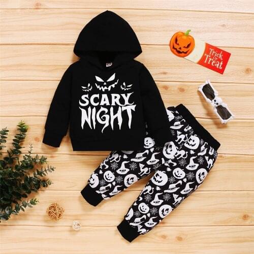 Kids Halloween 2Pcs Tracksuit Spring Autumn Baby Boys Girls Letters Long Sleeve Hooded Sweatshirt Top + Pumpkin Ghosts Pants
