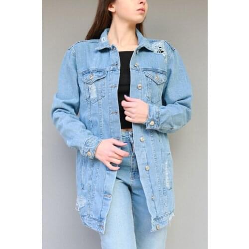 Jean Jacket Women Clothes Long Denim Coat 2021 New Washed Blue Ripped Jeans Turn-down Collar Outwear Casual