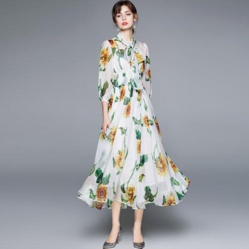 JSXDHK Women Sunflower Printed Dress Runway Fashion Summer Bow Collar Flowers Chiffon High Waist Boho Holiday Beach Long Dresses