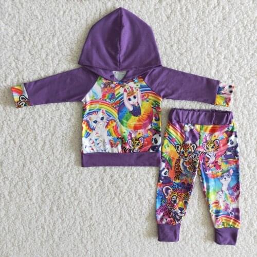 Baby girl boy clothes sets hoodie sweater set purple print legging pants spring the latest design children clothing factory