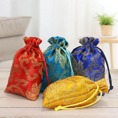 5pcs Mini Jewelry Bag Drawstring Silk Travel Pouch Classic Chinese Embroidery Jewelry Packaging Bag Organizer Handbags Pouches