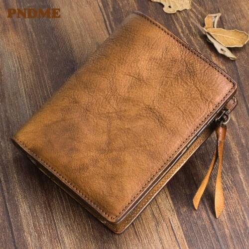 Fashion vintage natural genuine leather mens wallet simple casual soft first layer cowhide women' ID card holder coin purse
