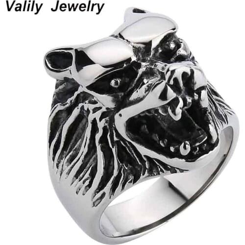 Valily Mens Vintage Biker Wolf Head Ring Stainless Steel Punk Biker Silver black Animal Ring for Man Classic Finger Band Rings