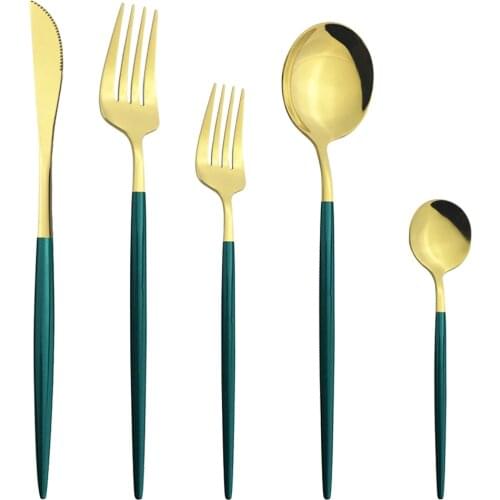 5Pcs Green Gold Dinnerware Cutlery Set Stainless Steel Dinner Flatware Knife Dessert Fork Coffee Spoon Tableware Silverware Set