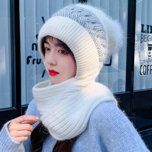 New Women Winter Hat Keep Warm Cap Add Fur Lined Hat & Scarf Warm Set Fashion Hat For Women Casual Rabbit Fur Knitted Bucket Hat