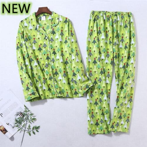 Womens Winter Pajamas Set 100%Cotton Sexy Warm Sleepwear Christmas Festival Clothing Homewear Big Size Green Top Soft Pijama