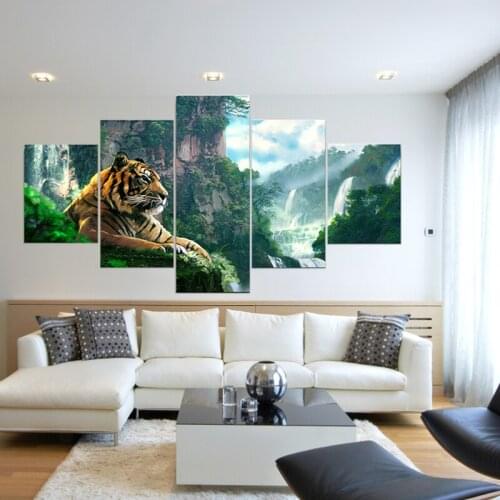 Living Room HD Printed Poster Modern Wall Art Painting 5 Panel Tiger And Mountain Waterfall Home Decoration Pictures Framework