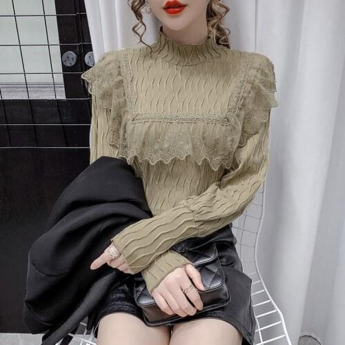 Room 192672, row 2, No.5 lower] spring new solid semi high collar Pullover lace top [2008] 45