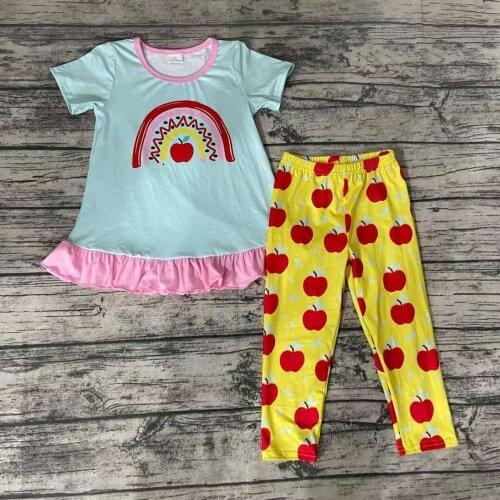 Back to School Fall/Autumn Baby Girls Rainbow and Apple Short Sleeve Shirt Straight Pants Two Pieces Outfits