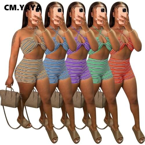CM.YAYA Summer Striped Womens Set Fashion Halter Neck Crop Tops and Shorts Matching Two 2 Piece Set Tracksuit Active Sweatsuit