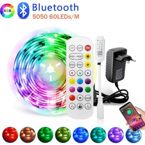 New Bluetooth Luces LED Strip Light 5050 60LED RGB Light Strip 5M 10M 15M Flexible Ribbon + Bluetooth Controller + Adapter EU