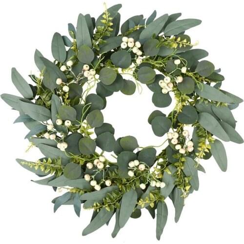 Wreath Artificial Eucalyptus Wreath with Fern Leaves and Round Cream Berries for Door Decoration Holiday Decoration