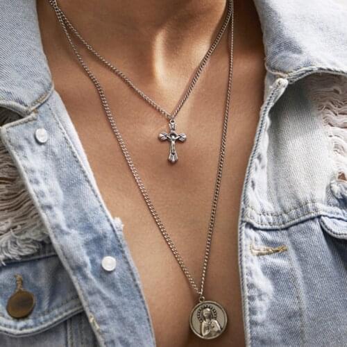 HuaTang Punk Gold Silver Color Cross Buddha Pendant Necklaces for Women Double Layered Clavicle Chains Jewelry on the Neck 4434