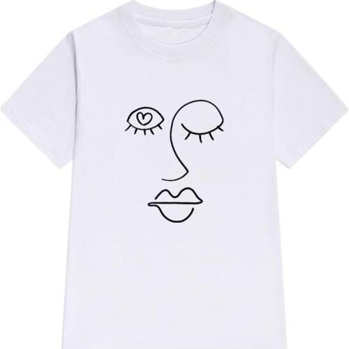 T-shirts Women 2021 Linear Human Faces Printed Summer Ladies Tops Graphic white t shirt Casual Streetwear tee shirt femme XXXL