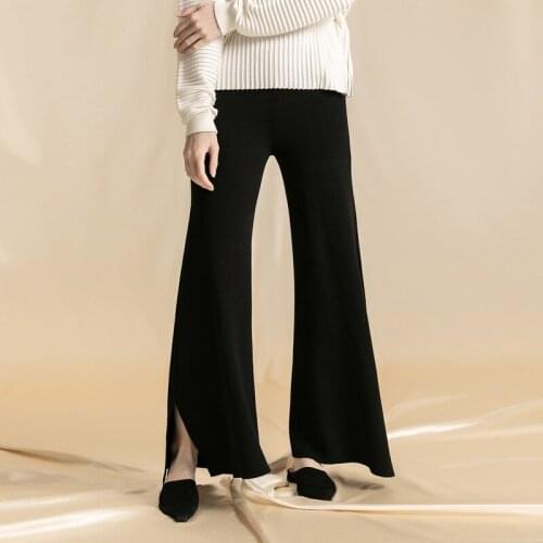 Wide Leg Pants Women 2019 New Chic High Waist Split Leisure Bottoms Palazzo Woman Trausers Black White Knitted Wool Pants AA5019