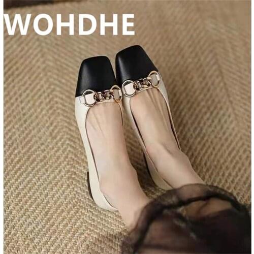WOHDHE Women Fashion Shoes Outdoor Female Fashion PU Leather Walking Shoes Metal Decoration and Square Toe Low Heel Loafers
