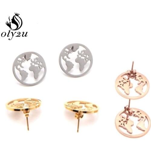 Oly2u World Map Earrings for Women Stud Earrings Stianless Steel Studs Earrings Travel Gift Vintage Earth Round Ear Jewelry Gift
