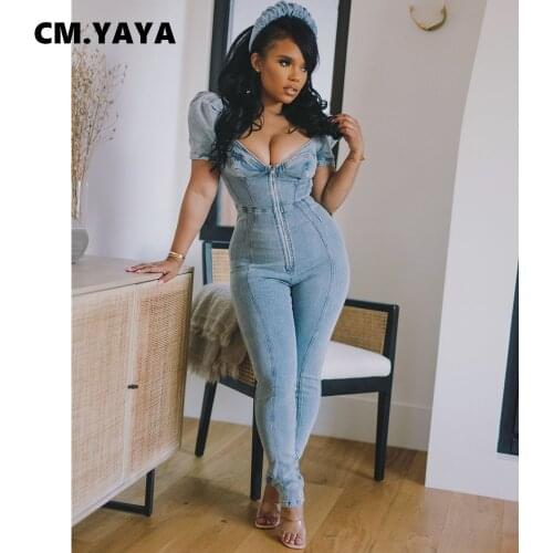 CM.YAYA Women Denim Jumpsuit Solid Short Puff Sleeve V-neck Zipper Stretchy Pencil Jumpsuits Casual Fashion Outfit Summer 2021