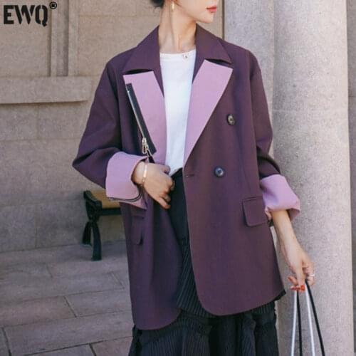 [EWQ] 2021 Spring Women New British Style Lapel Solid Color Zipper Double Breasted Elegant Chic Blazer Suit Coat Ladies 16Q206
