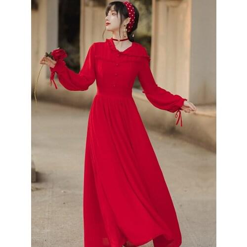 Spring Red Dresses 2021 Temperament Hooded Ruffle Single Breasted Ladies Bow Fashion Chic Long Sleeve Vintage Maxi Dress