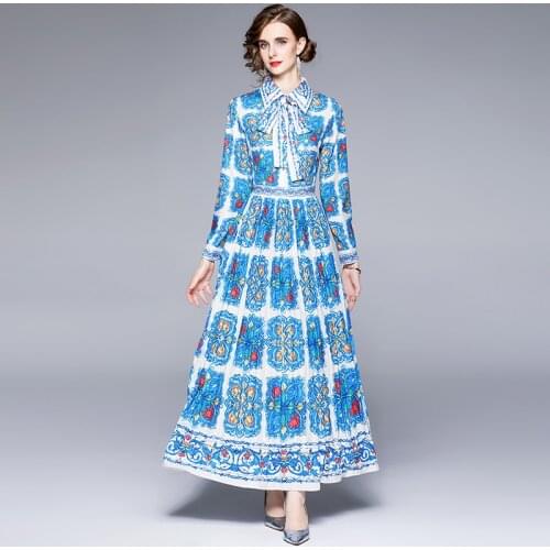 2021 Runway Fashion Autumn Elegant Women Pleated Dress Robe High Waist Blue and White Porcelain Printed Slim Maxi Dress Femme