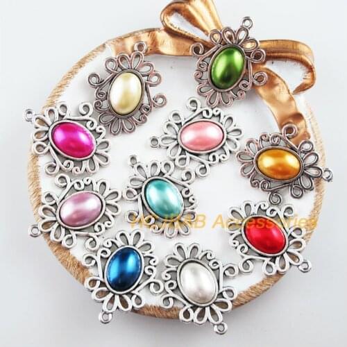 10Pcs Tibetan Silver Tone Flower Retro Mixed Acrylic Charms Connectors 27.5x32mm