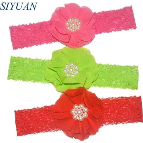 30pcs/lot Lace Elastic Headband with Pearl Beaded Chiffon Flowers Girl Party Headwear Photography Props HB041