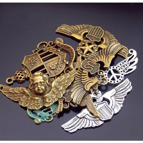 8pcs Mix Zinc Alloy Bronze Badge Fairy Wings Anchor Vintage Metal Necklace Pendant 44*30mm Connector Charm Jewelry Fine GR-714