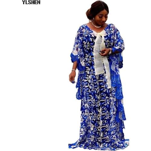 African Dresses for Women Plus Size African Clothes Dashiki Lace Embroidery Flower Robe Boubou Africain Clothing Africa Dress