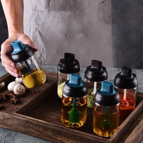 250ml Moisture Proof Seasoning Bottle with Spoon Portable Oil Bottle with Brush Grill Liquid Kitchen Tools for BBQ
