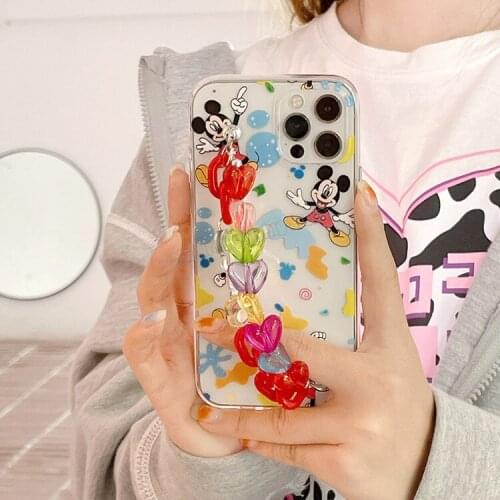 Disney Mickey Mouse with Bracelet Mobile Phone Case for Iphone 11 12pro Max Xs Xr X 7 8plus Se2 Cartoon Mobile Phone Back Cover