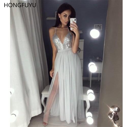HONGFUYU Sexy Straps Silver Sequins Long Prom Dresses with Slit Full Length Evening Dress robe de soiree Backless Party Gown