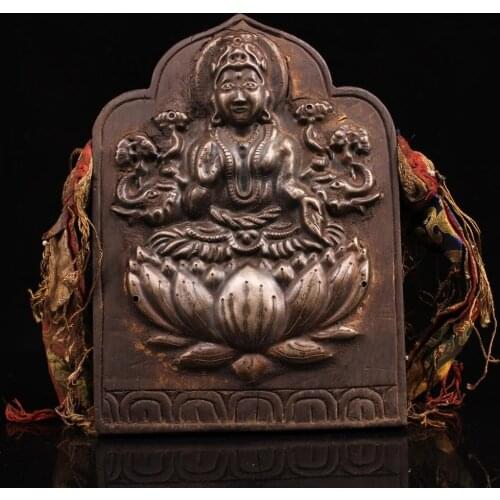 Home Decor 9"Tibet Buddhism Temple Old wood Cold iron Both full Green Tara Buddha Statue Buddha board Thangka Hang on the wall