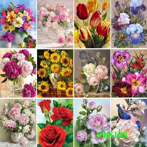 Jenkins Diamond Painting Flowers Vase Cross Stitch Kit Full Drill Diamond Embroidery Mosaic Rose Art Picture Home Decoration Gif