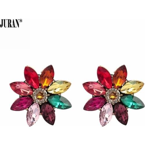 JURAN Brand Hot Sale Multi Color Flower Stud Earrings Fashion Ethnic Crystal Floral Statement Earrings Rhinestone Earrings