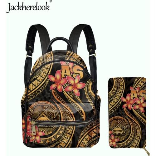 Jackherelook Samoa Polynesian Plumeria Design Luxury Womens PU Small Backpack Wallet 2pcs/Set Fashion Mini Satchel Schoolbags