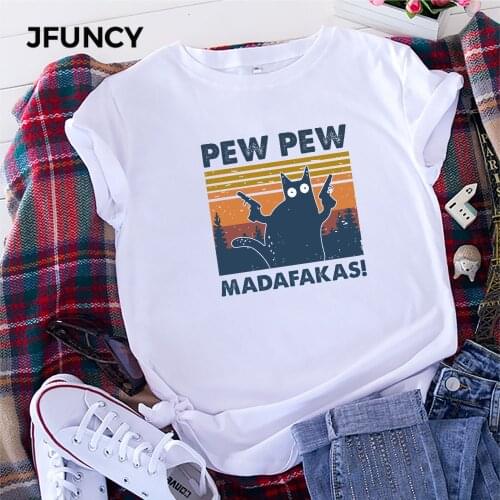 JFUNCY Plus Size Women Tops Cotton T-shirt Summer Short Sleeve Tshirt Pew Pew Madafakas Print Casual Loose Female Tee Shirts