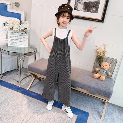 Teen Girls Clothes Set Summer Korean Casual Vest Or T-Shirt+Overalls Wide Leg Pants 2Pcs Fashion Loose Cotton Children Clothing