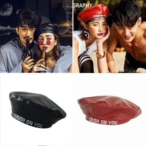 Autumn and Winter Alphabet Leather Beret French Elegant Ladies Leather Beret CRUSH ON YOU Alphabet Solid Color PU Hat Women