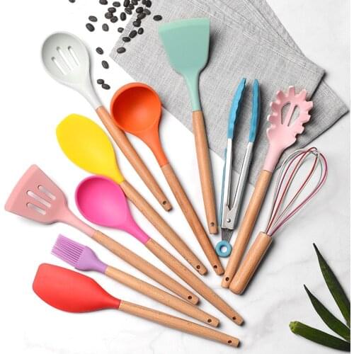 JANKNG 11P Silicone Kitchen Utensils Set Non-stick Spatula Shovel Wooden Handle Cooking Tool Utensilios Kitchen Accessories Tool